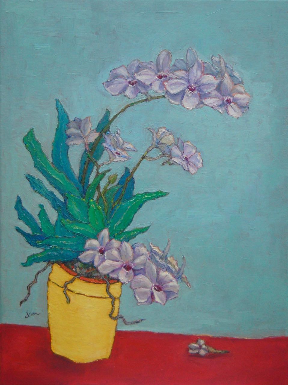 Orchid flowers in yellow pot original oil painting, beautiful purple blooms in impressionist still life art in expressive van gogh style