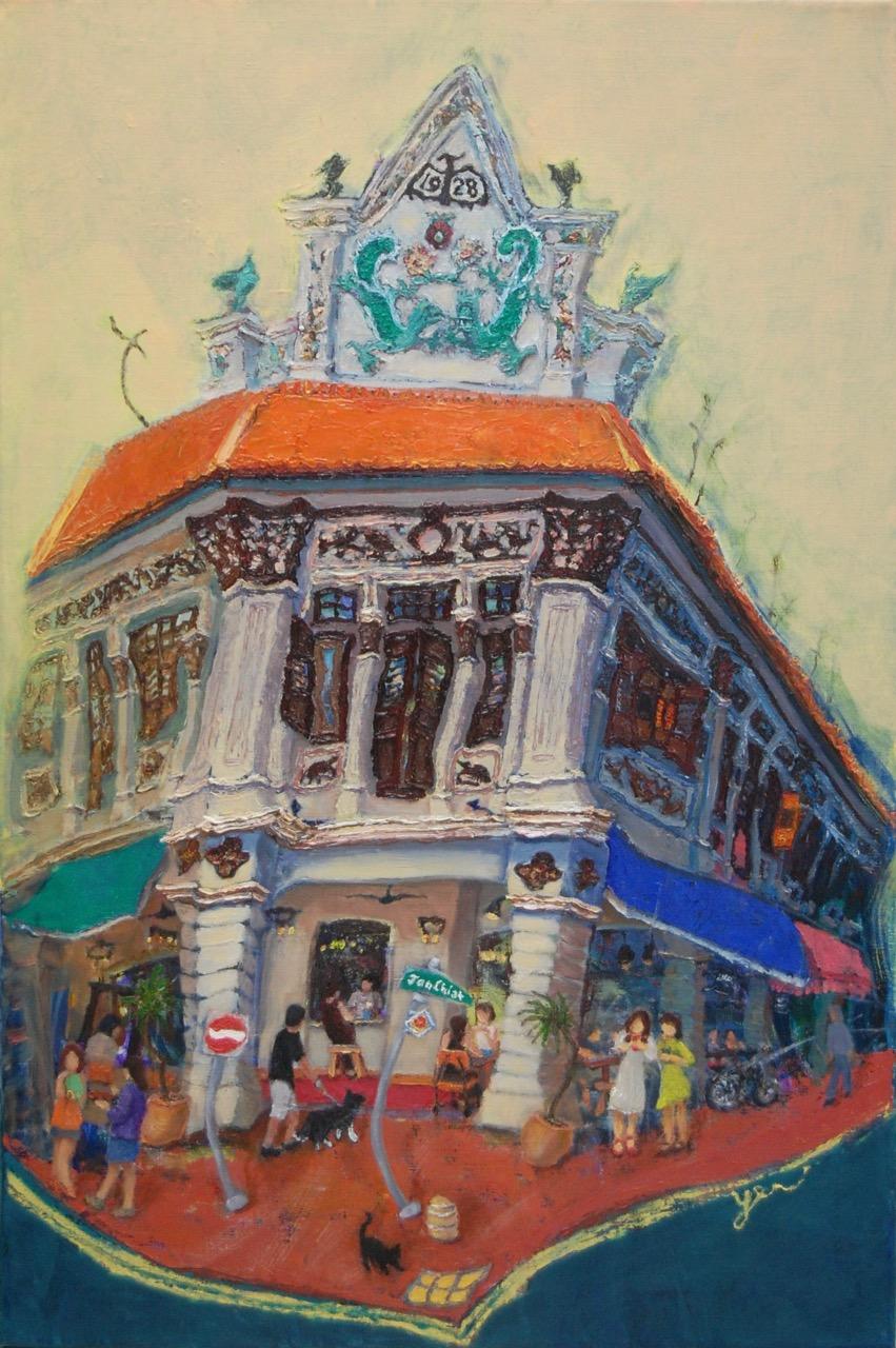 Singapore Corner Shophouse Landscape Oil Painting - City Street Heritage Artwork - Beautiful Cityscape - Original Art Decor