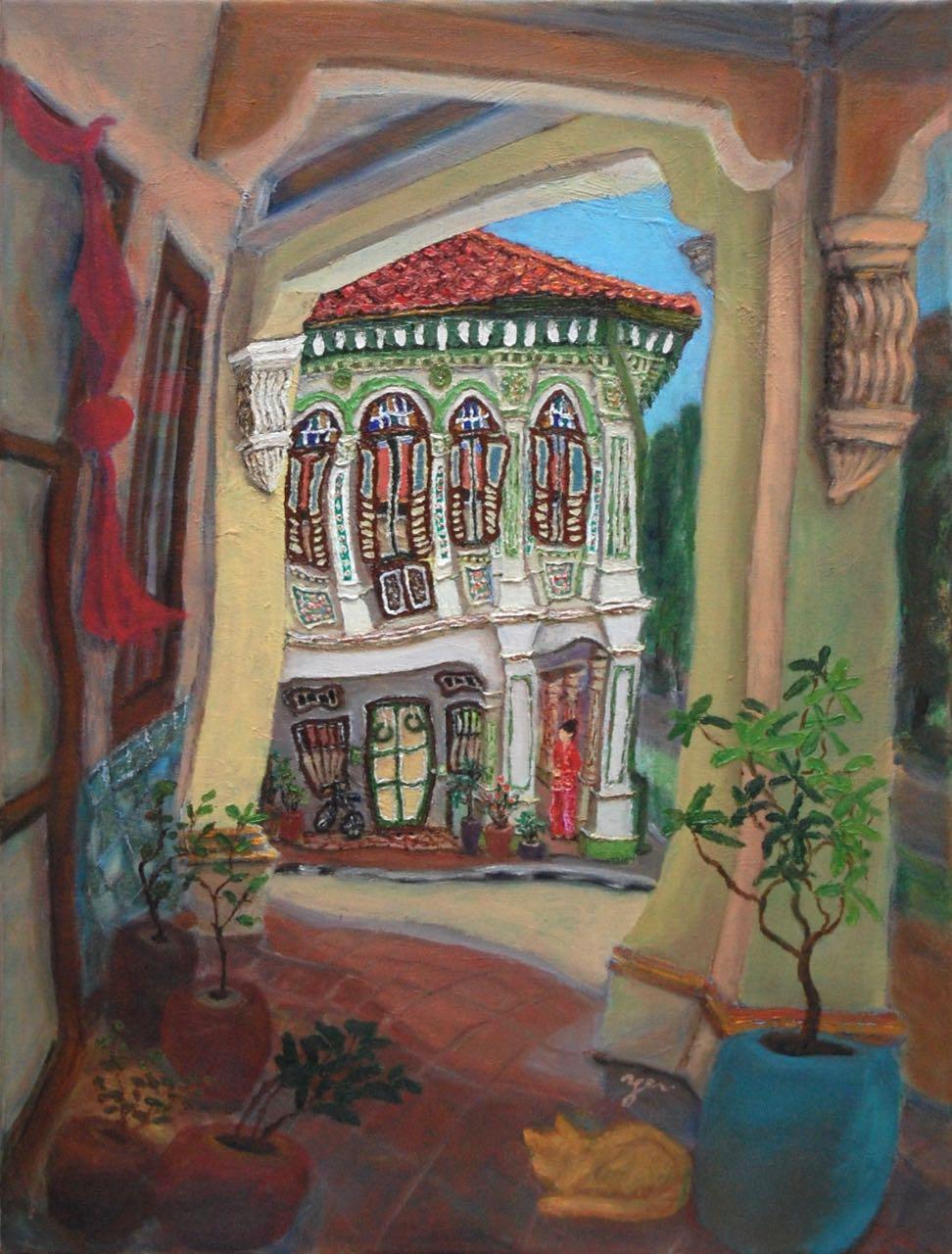 Beautiful Impressionist Shophouse Corridor Oil Painting - Singapore City Heritage Surreal Landscape Artwork - Peranakan Lady In Red With Cat