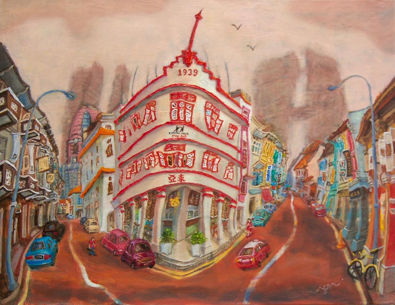 Singapore Chinatown Landscape Oil Painting - Iconic Shophouse Building - Beautiful Street Cityscape Artwork - Original Art For Office Decor