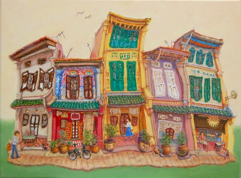 Vibrant Singapore Shophouses Oil Painting by Local Artist: Spottiswoode Park, Whimsical Heritage Cityscape Asia Art