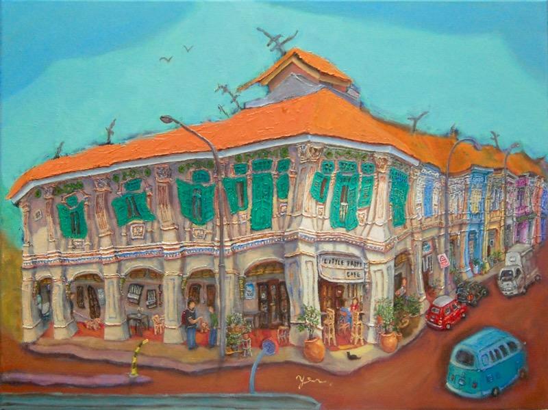 Singapore Shophouses Oil Painting by Local Artist: Blair Road Heritage Street Art of Charming Cafe Corner