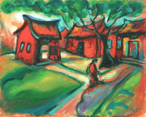 The Way, red Chinese Landscape Oil Painting of Taiwan Confucius Temple, bright bold surreal architecture original art in expressionist style