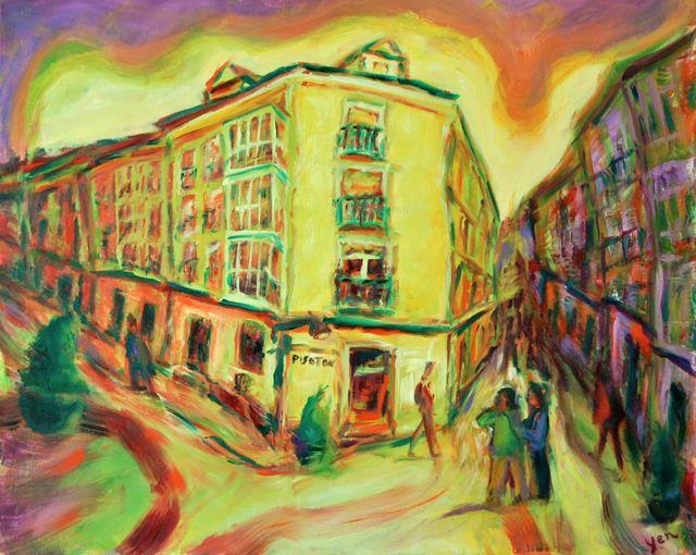 Rhapsody - Original Spanish Oil Painting Art of Burgos, a Camino de Santiago surreal spain landscape in yellow whimsical edvard munch style