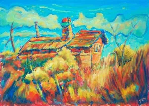 Little House On The Prairie - Impressionist, El Camino Painting, Original Landscape, Oil Painting, Whimsical Clouds, Chimney, Orange, Bright