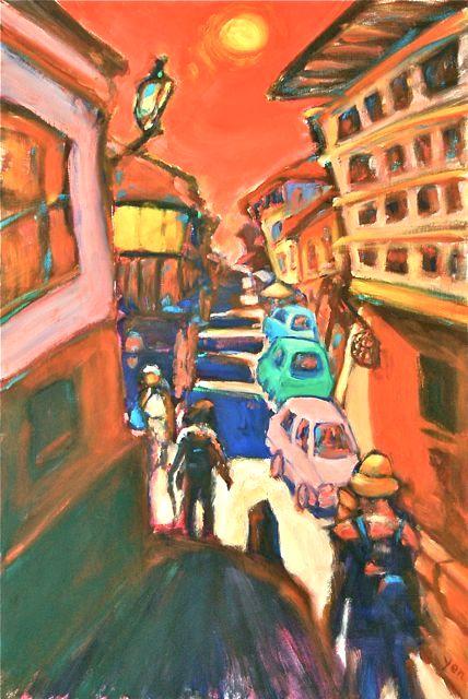 Solitaire -Red Spanish Town El Camino Original Canvas Painting Art in vibrant colorful van gogh style of hikers at whimsical moonlight town