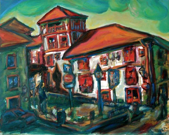 Windows of the Heart - Spain Camino de Santiago red houses oil painting, Spanish architecture expressionist art in Chagall whimsical style