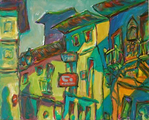 Bluesy -Camino de Santiago Oil Painting of Spanish Shophouses, original impressionist spain art in yellow surreal whimsical expressionism