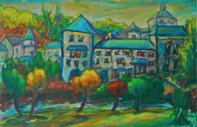 Sanctuary -Original Impressionist Green Camino de Santiago Landscape Oil Painting of spanish monastery building in whimsical chagall style