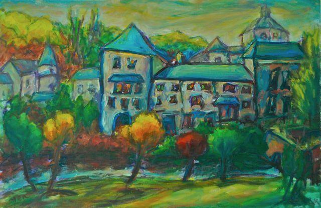 Sanctuary -Original Impressionist Green Camino de Santiago Landscape Oil Painting of spanish monastery building in whimsical chagall style