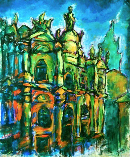 Destined -Spain Camino Oil Painting of Santiago de Compostela Cathedral, Way of St James original church art in Cezanne impressionist style