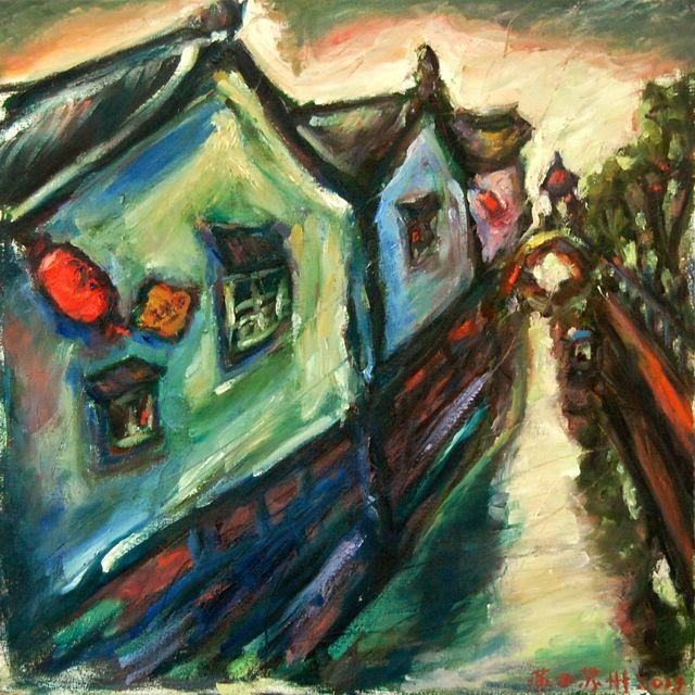 Suzhou Houses -China Painting, River Landscape, Folk Art, Original Oil Painting, Expressionist, Chinese Architecture, Red Lantern, Asian Art