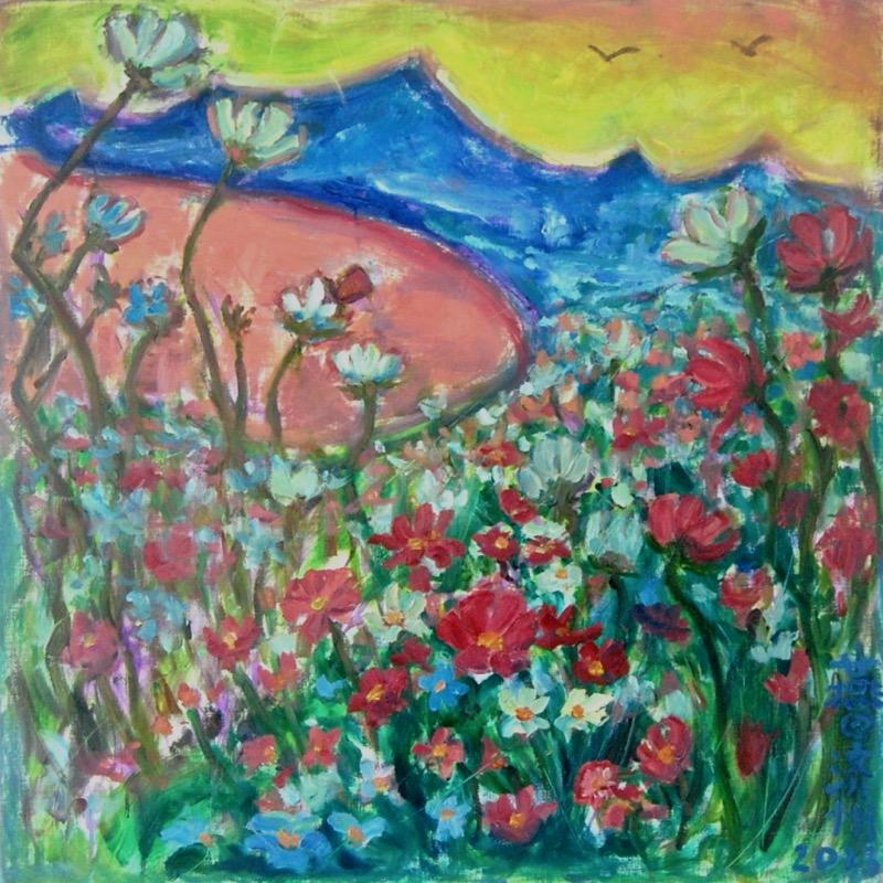 Wild Flowers -Bright Impressionist Korean Landscape Painting Fine Art of whimsical floral mountain lake in colorful Jeju Island nature hike