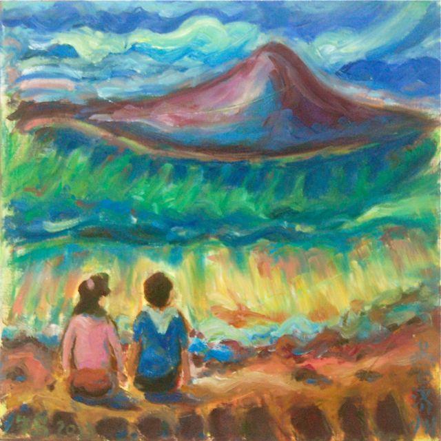 Wave Watch- Whimsical Painting, Seascape, Beach, Waves, Mountain, Surreal Landscape, Impressionist, Korea, Couple, Colorful Art, Jeju Island