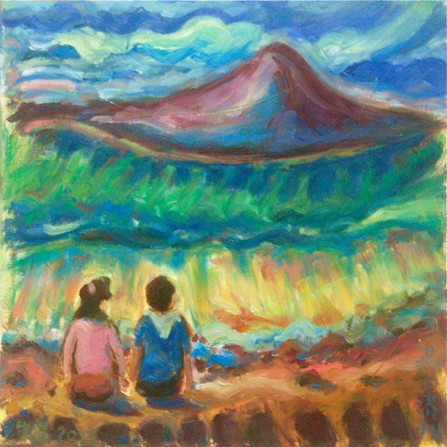 Wave Watch- Whimsical Painting, Seascape, Beach, Waves, Mountain, Surreal Landscape, Impressionist, Korea, Couple, Colorful Art, Jeju Island