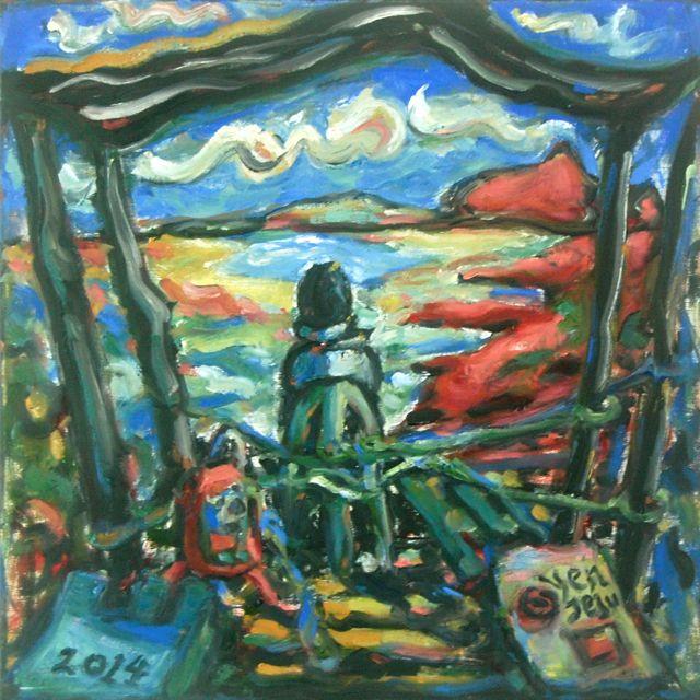 Wanderer's Paradise - Surreal Landscape, Whimsical Painting, Traveller, Hiker, Jeju Island, Sea, Clouds, Van Gogh style, Blue, Original Art