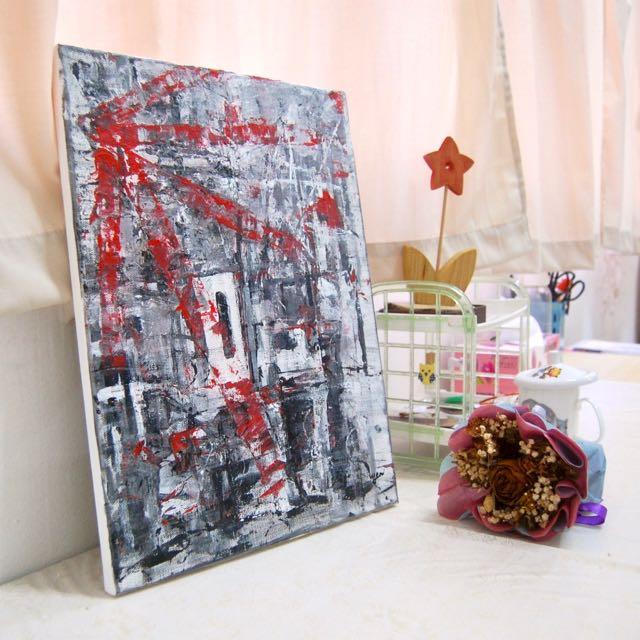 Ode - abstract art painting in black white building blocks with red windmill marks, original modern artwork, acrylic on canvas