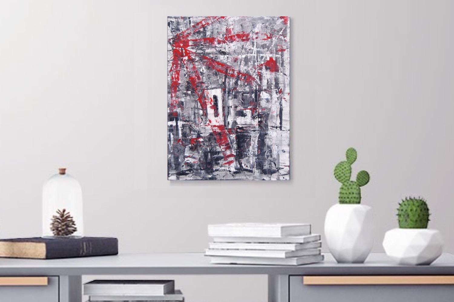 Ode - abstract art painting in black white building blocks with red windmill marks, original modern artwork, acrylic on canvas