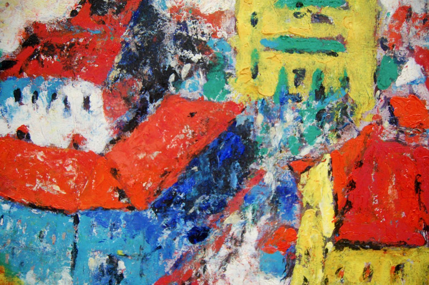 Singapore Shophouses Landscape Oil Painting Art with Bright Orange Rooftops - Impressionist Mood - Vibrant Home Decor - Unique Artwork