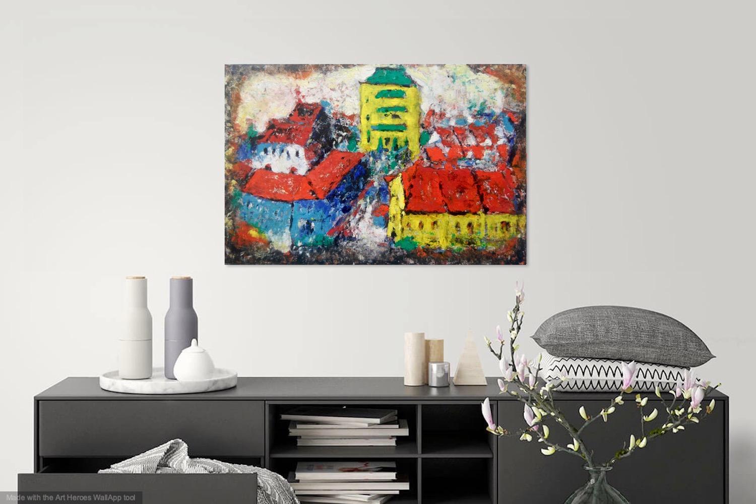 Singapore Shophouses Landscape Oil Painting Art with Bright Orange Rooftops - Impressionist Mood - Vibrant Home Decor - Unique Artwork