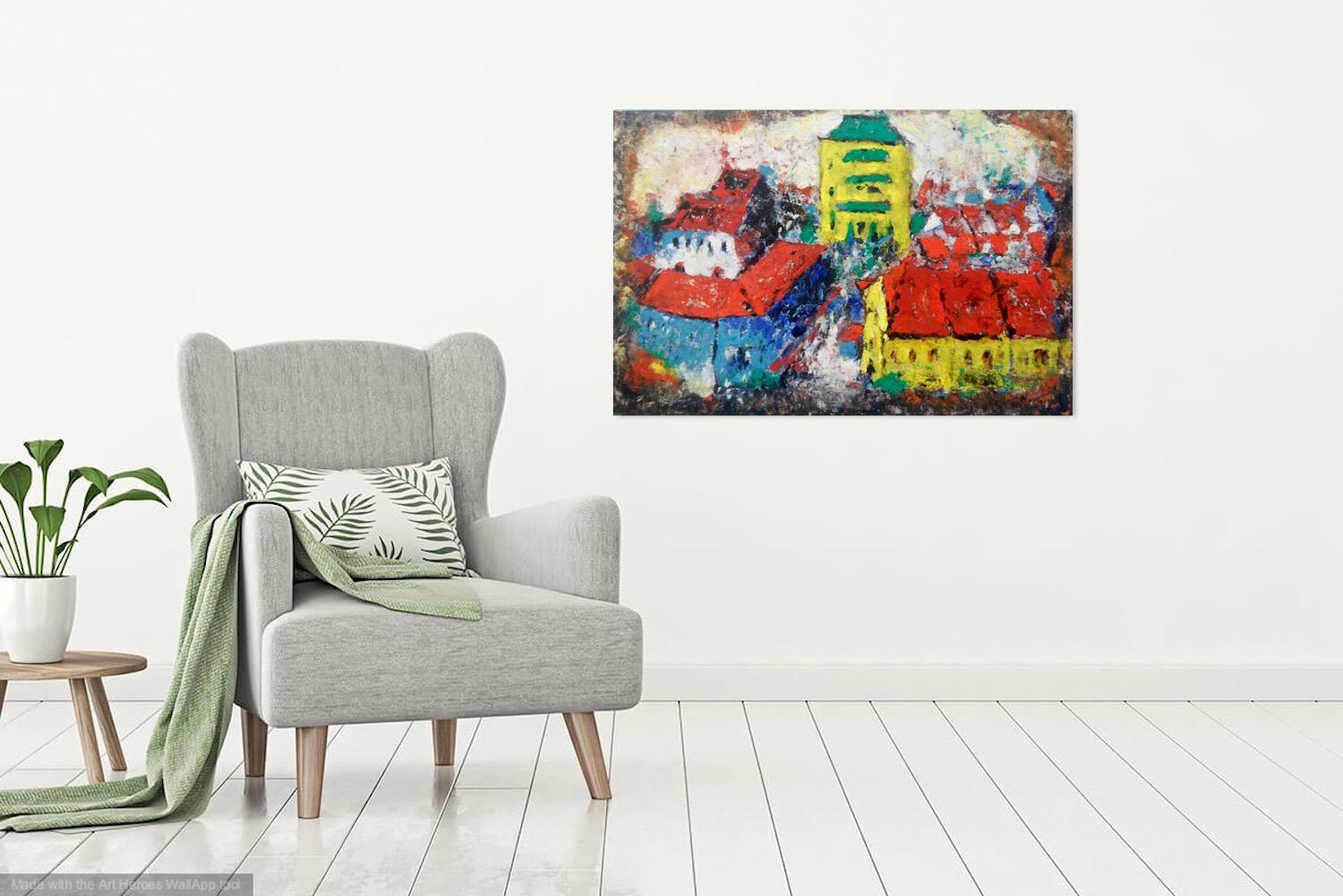 Singapore Shophouses Landscape Oil Painting Art with Bright Orange Rooftops - Impressionist Mood - Vibrant Home Decor - Unique Artwork