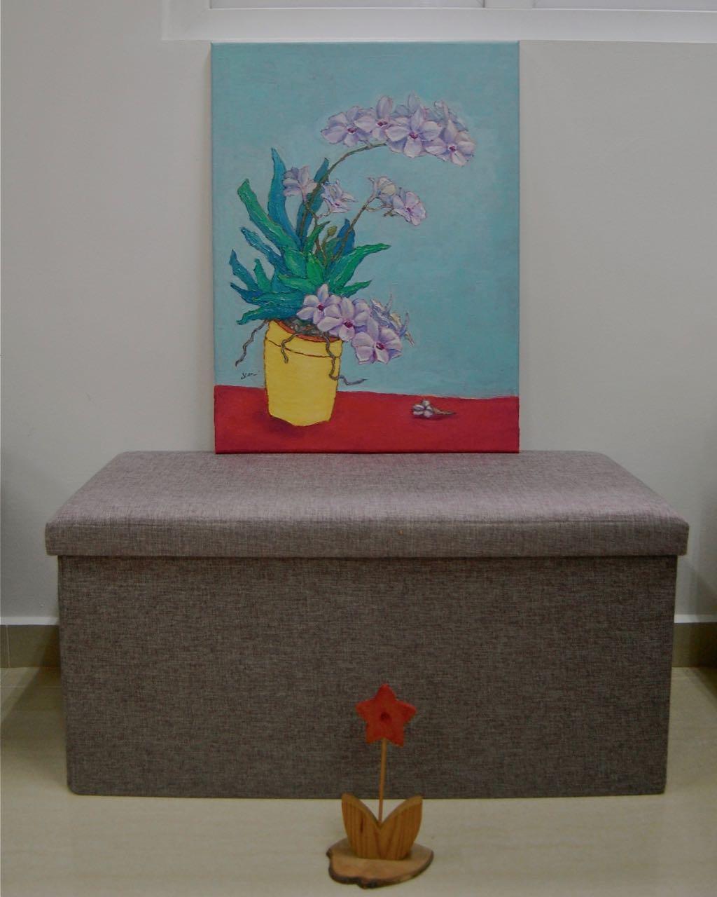 Orchid Flowers in Yellow Pot Original Oil Painting - Beautiful Floral Artwork in Soft Purple Hues - Contemporary Impressionist Style