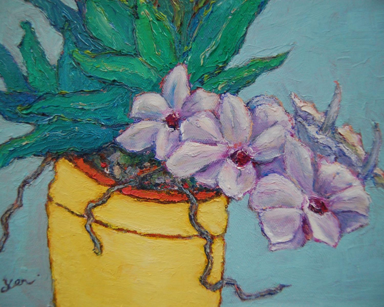 Orchid Flowers in Yellow Pot Original Oil Painting - Beautiful Floral Artwork in Soft Purple Hues - Contemporary Impressionist Style