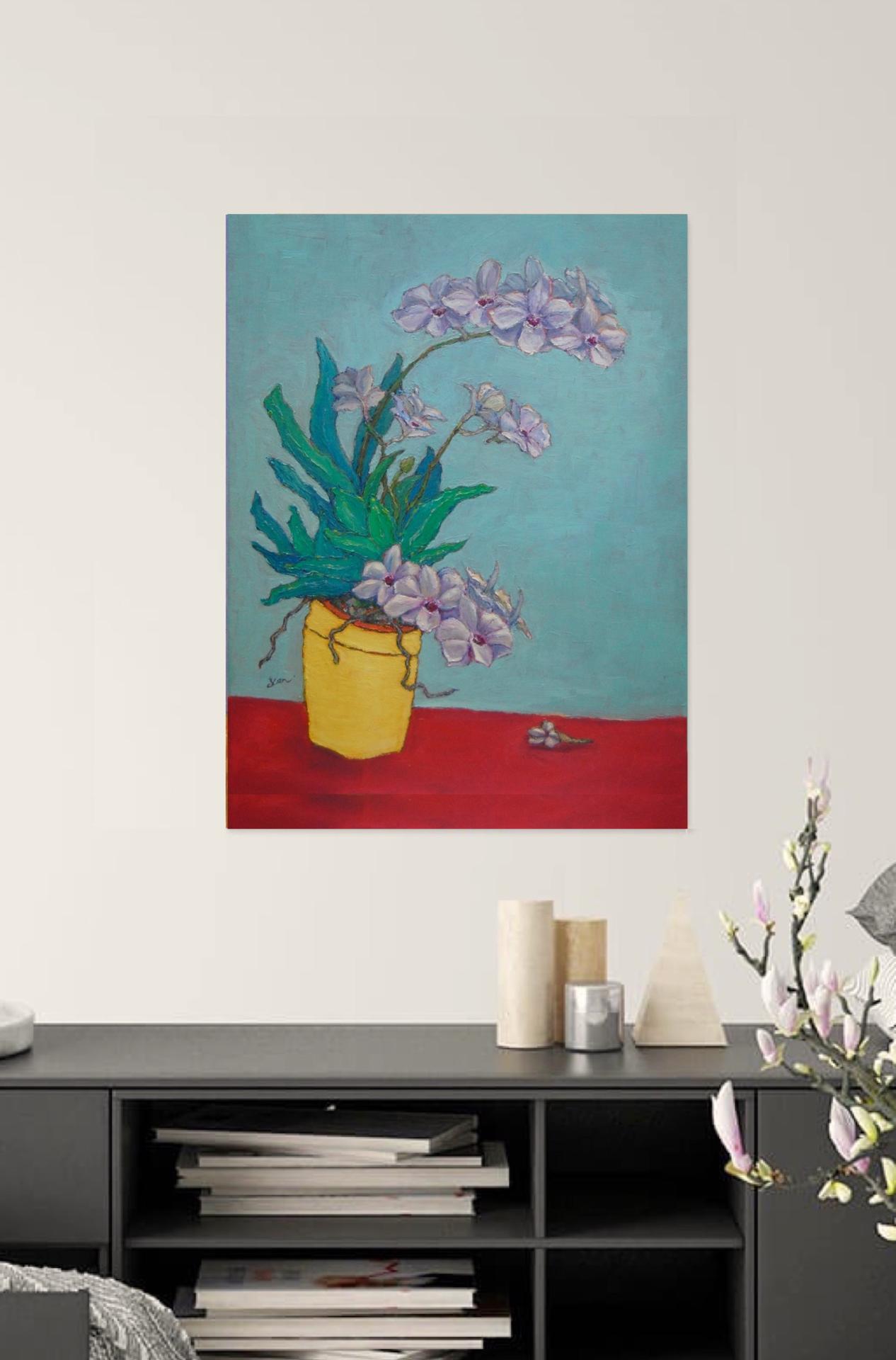 Orchid Flowers in Yellow Pot Original Oil Painting - Beautiful Floral Artwork in Soft Purple Hues - Contemporary Impressionist Style
