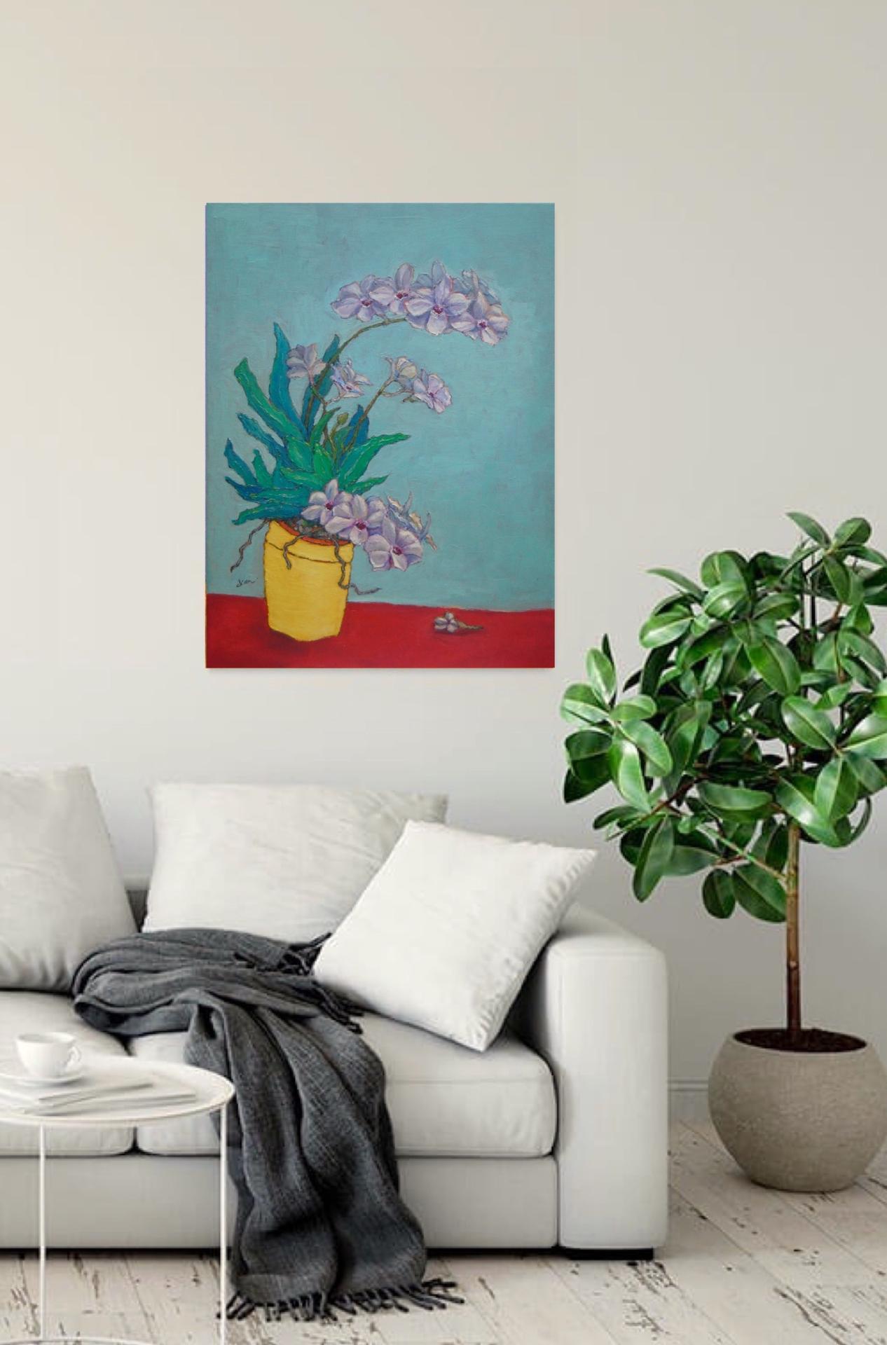 Orchid Flowers in Yellow Pot Original Oil Painting - Beautiful Floral Artwork in Soft Purple Hues - Contemporary Impressionist Style