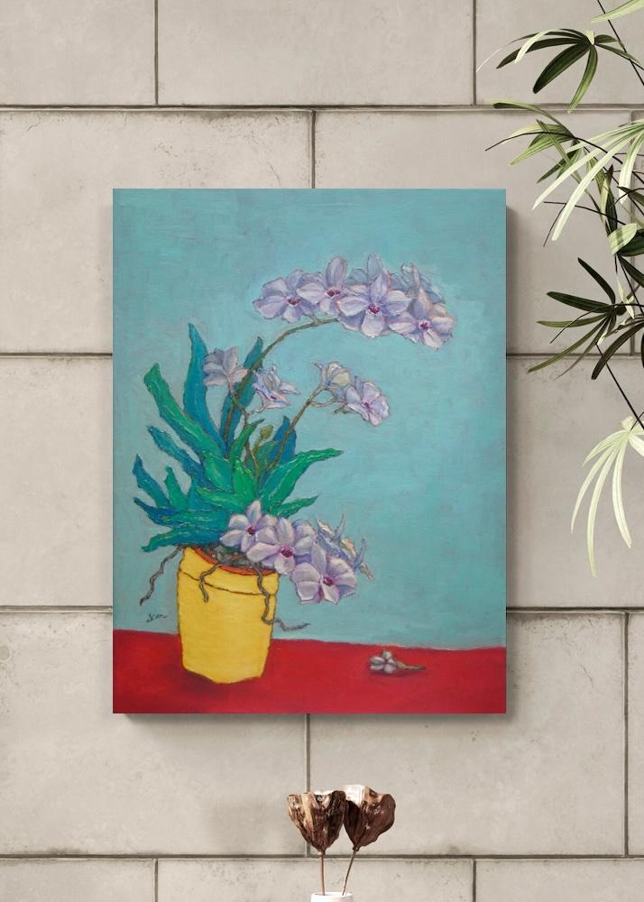 Orchid Flowers in Yellow Pot Original Oil Painting - Beautiful Floral Artwork in Soft Purple Hues - Contemporary Impressionist Style