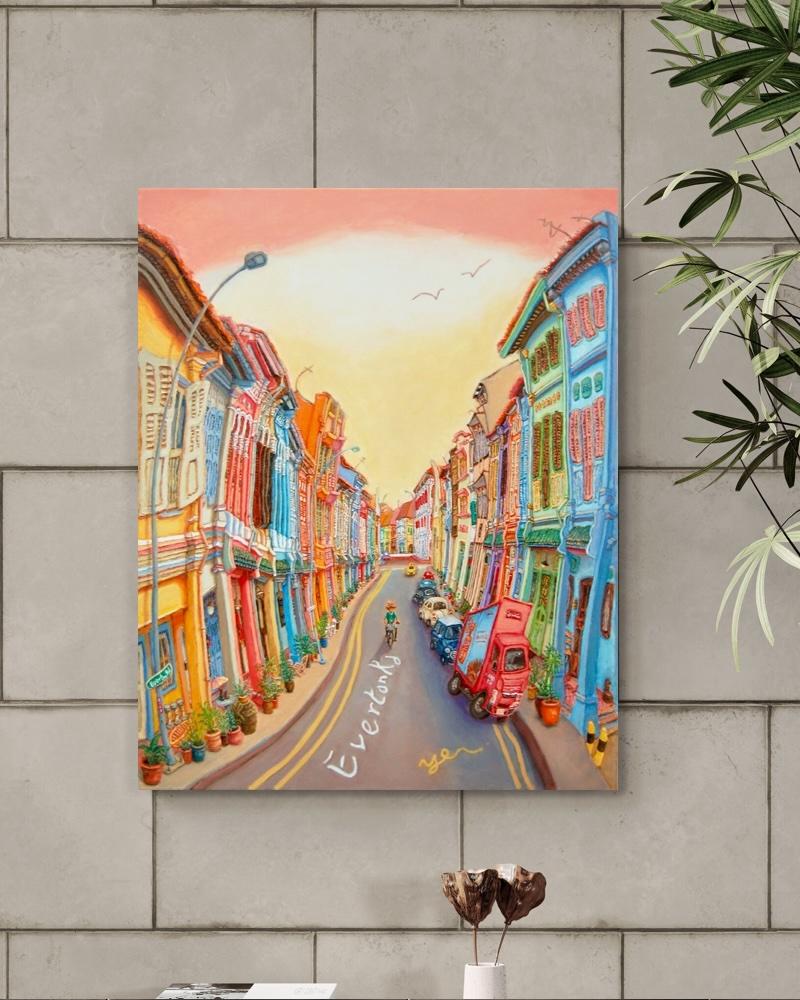 [Exhibition Only] Original Singapore Shophouse Oil Painting, Everton Road Peranakan Art, Hand Painted Heritage Street Scene Canvas, Vibrant Asian Wall Art