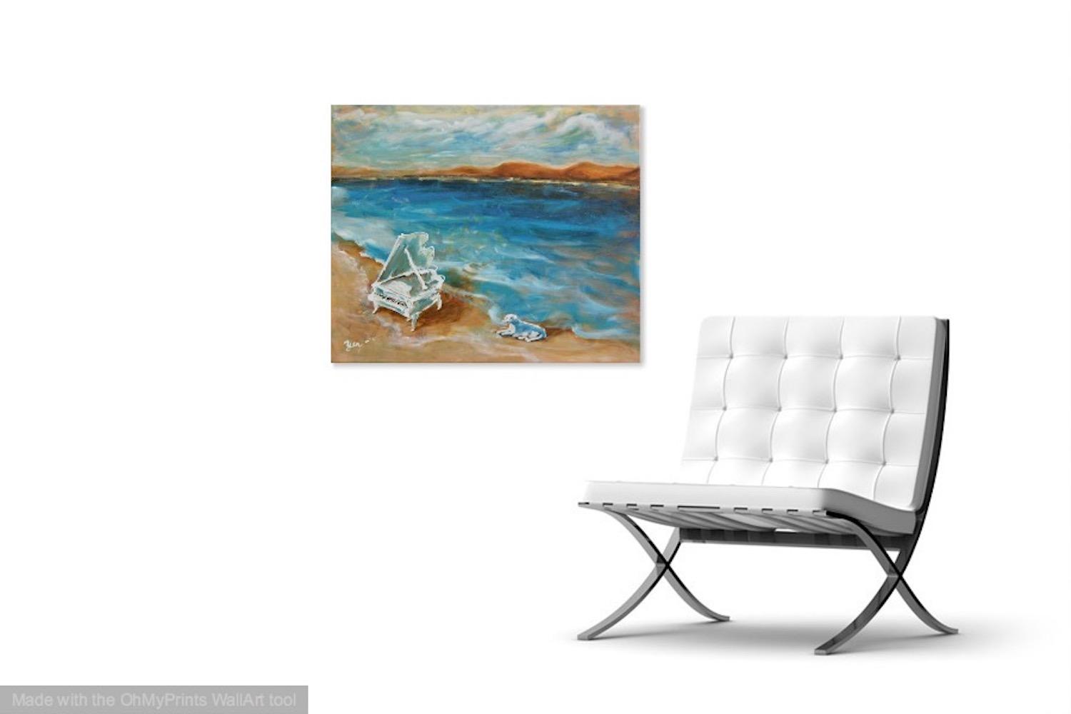 Piano Story Whimsical Music Art Painting - Dog Beach Impressionist Sea Landscape Fantasy - Blue Original Artwork Decor - Nature And Music