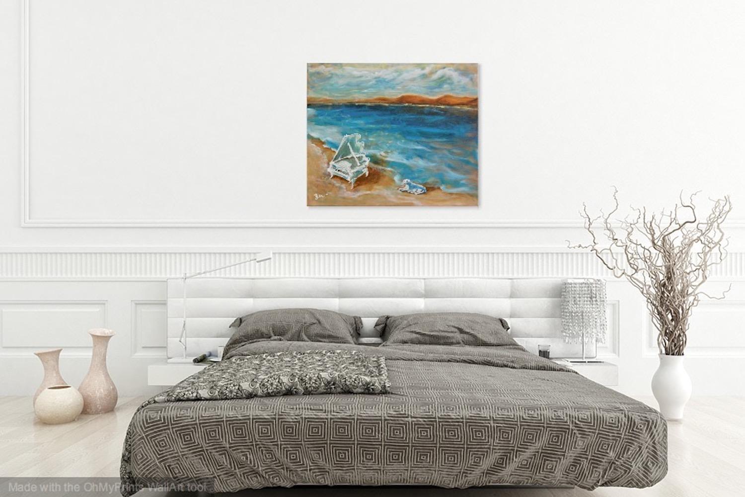 Piano Story Whimsical Music Art Painting - Dog Beach Impressionist Sea Landscape Fantasy - Blue Original Artwork Decor - Nature And Music