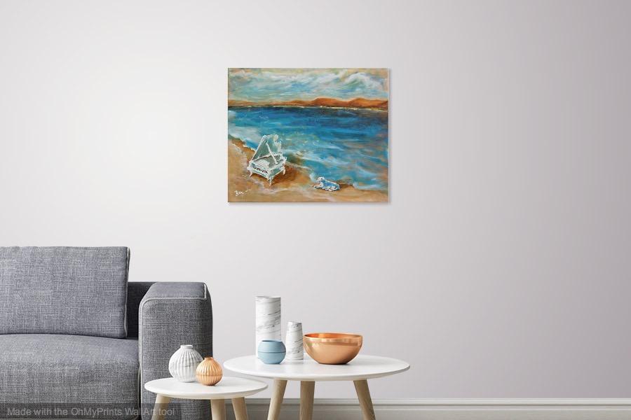 Piano Story -Whimsical Music Art Painting of dog at beach in impressionist sea landscape, a fantasy waves clouds ocean picture in blue white