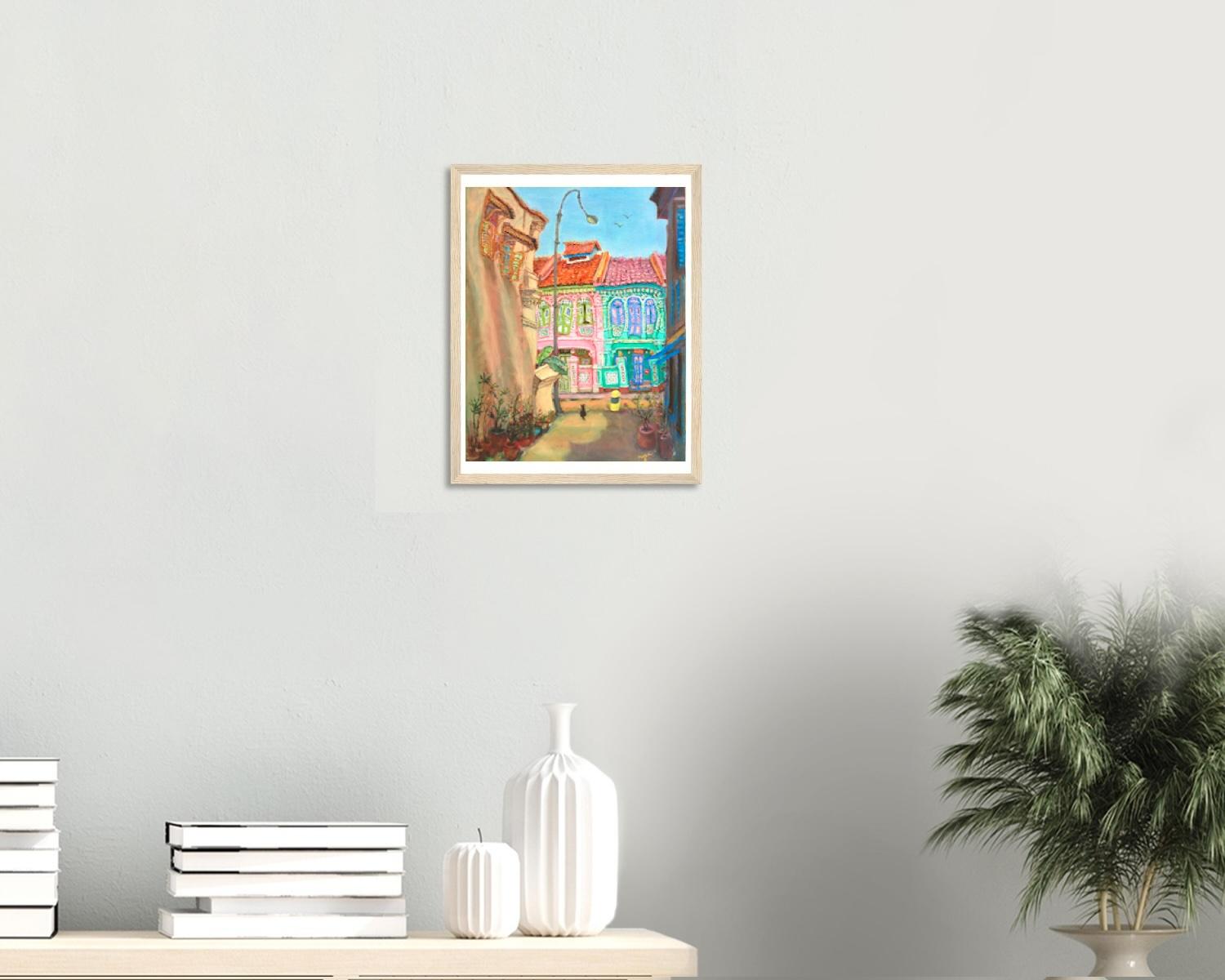 Singapore Art Poster of Whimsical Painting of Pink Green Peranakan Houses at Koon Seng Road in Katong-Joo Chiat, Asia Travel Print Gift