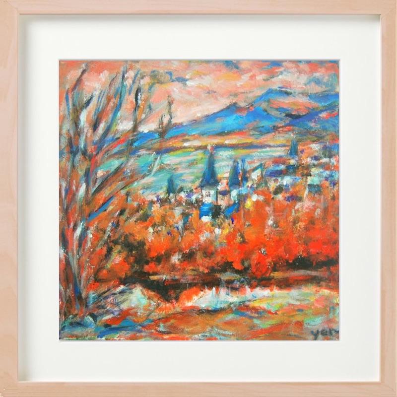 Icelandic Painting Art Prints A4 - Serene Reykjavik Iceland city pic w water reflections, clouds sunset and houses in impressionist pastel blue