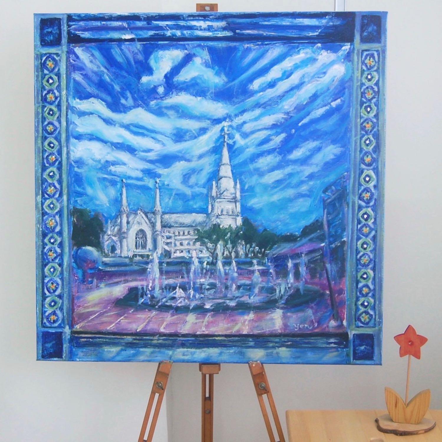 Singapore Impressionist Oil Painting Art, St Andrew's Cathedral church with water fountain, white clouds, blue sky and peranakan tile window