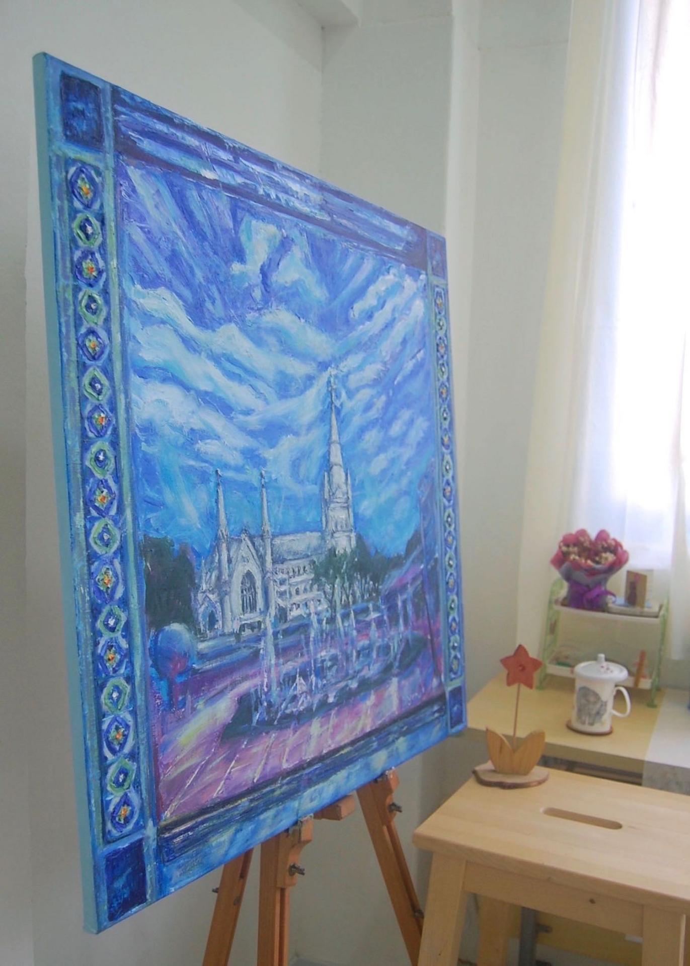 Singapore Impressionist Oil Painting Art, St Andrew's Cathedral church with water fountain, white clouds, blue sky and peranakan tile window