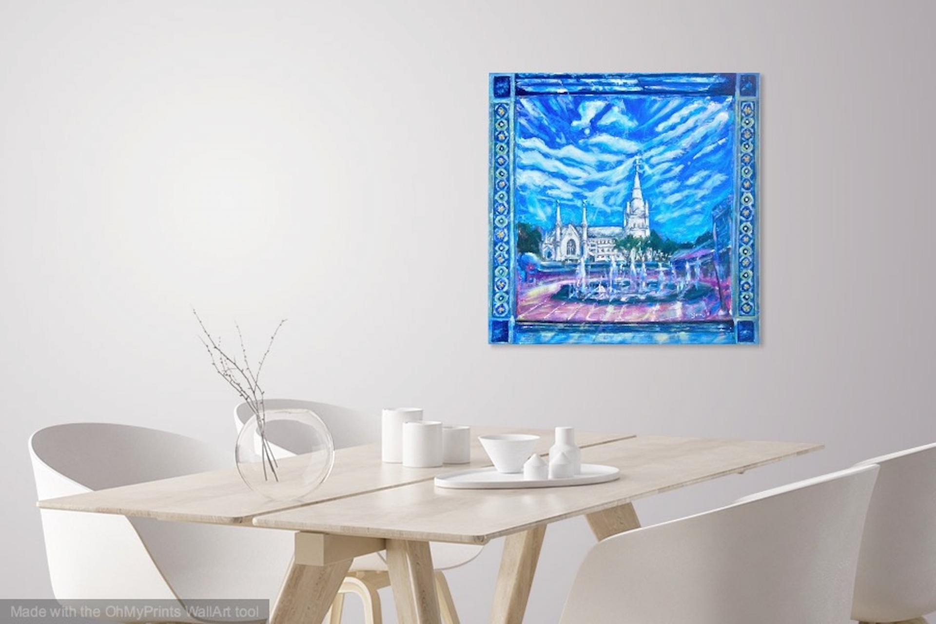 Singapore Impressionist Oil Painting Art, St Andrew's Cathedral church with water fountain, white clouds, blue sky and peranakan tile window