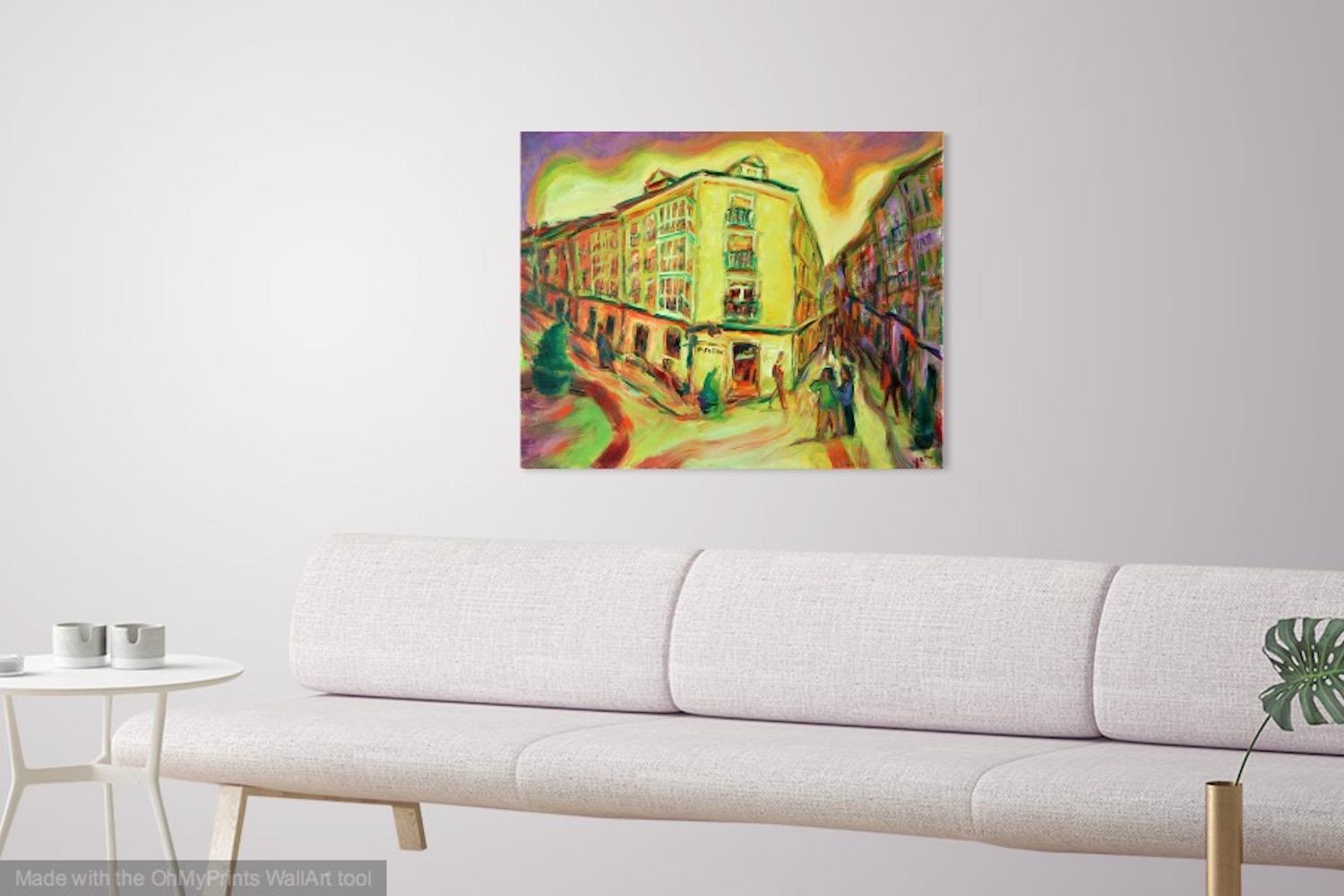 Rhapsody - Original Spanish Oil Painting Art of Burgos, a Camino de Santiago surreal spain landscape in yellow whimsical edvard munch style