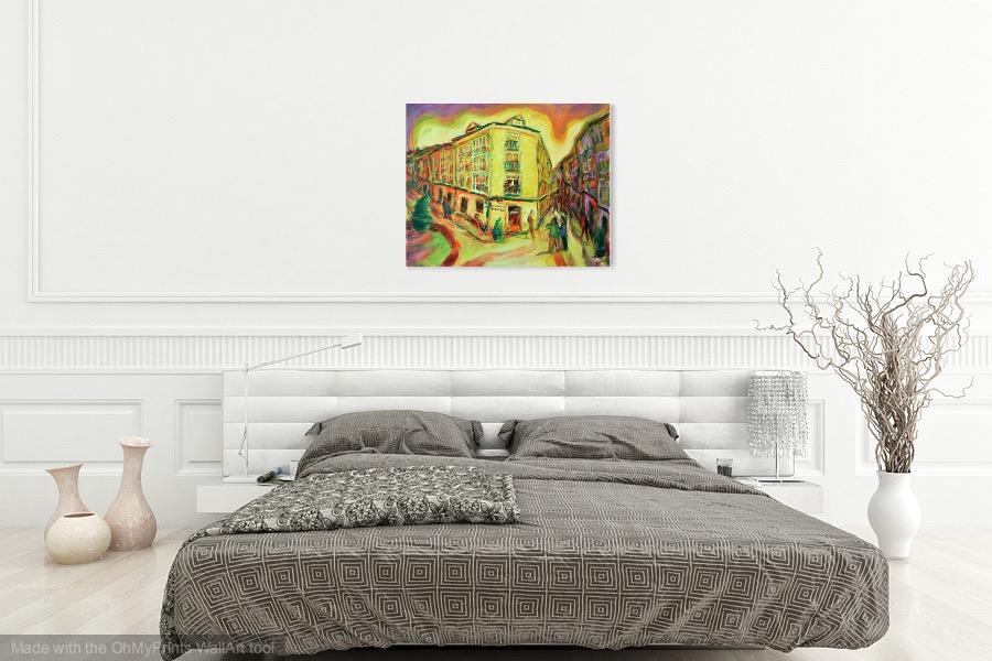 Rhapsody - Original Spanish Oil Painting Art of Burgos, a Camino de Santiago surreal spain landscape in yellow whimsical edvard munch style