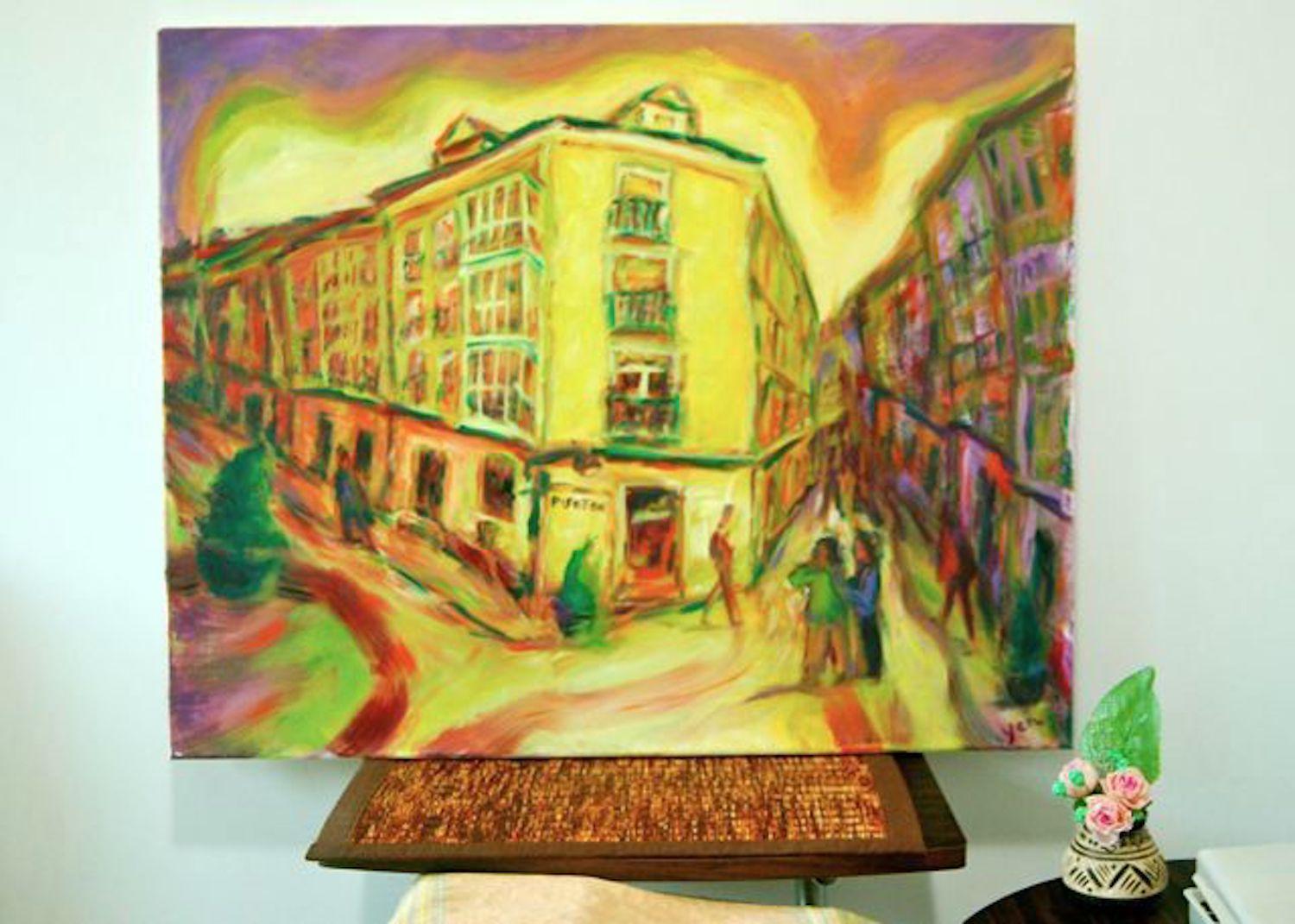 Rhapsody - Original Spanish Oil Painting Art of Burgos, a Camino de Santiago surreal spain landscape in yellow whimsical edvard munch style