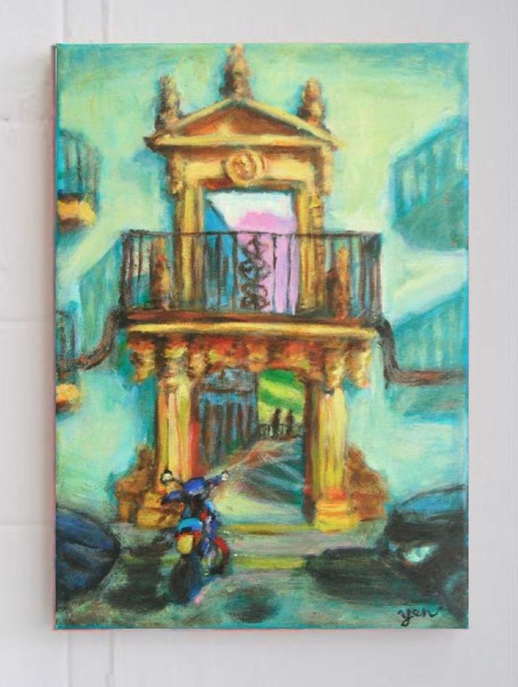 Rhonda Afternoon - Spain balcony painting in impressionist blue cyan hues, original spanish architecture fine art