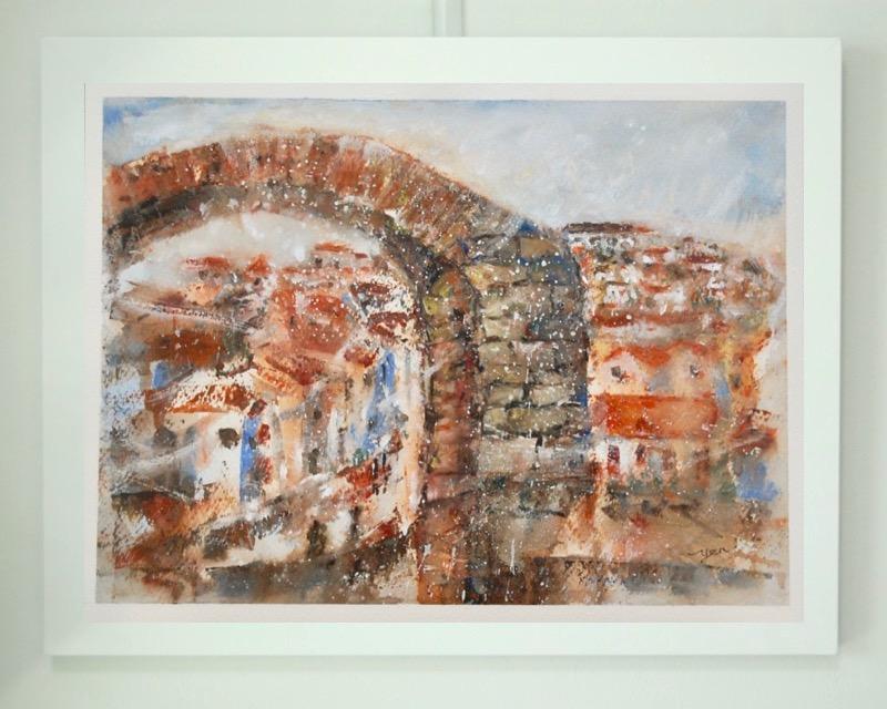 Spain Ronda landscape original watercolor painting art of Spanish city white houses with architectural brick arch in impressionist orange blue hues