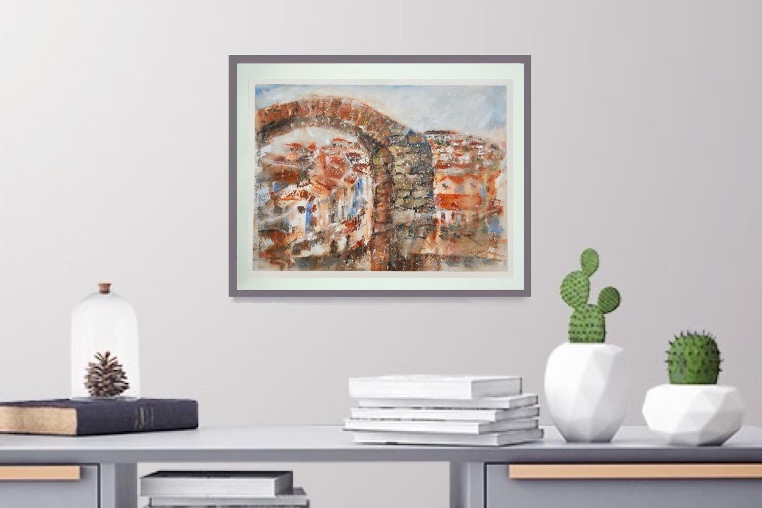 Spain Ronda landscape original watercolor painting art of Spanish city white houses with architectural brick arch in impressionist orange blue hues