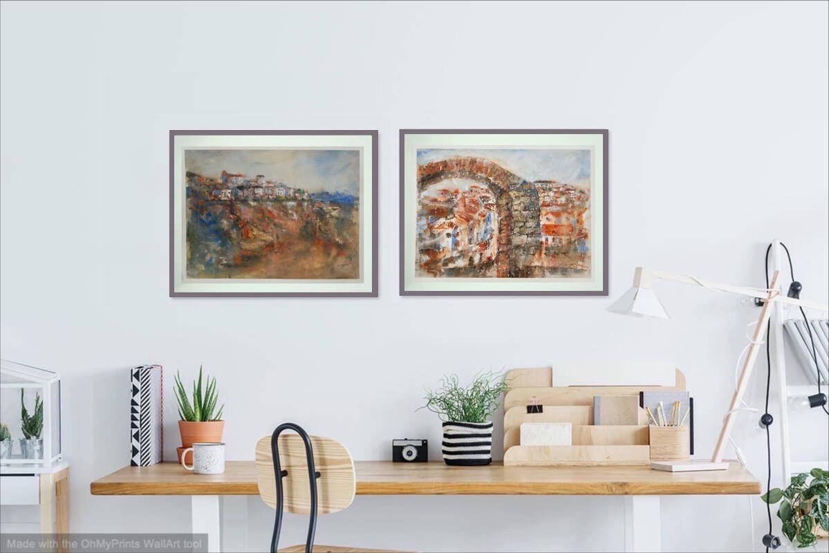 Spain Ronda landscape original watercolor painting art of Spanish city white houses with architectural brick arch in impressionist orange blue hues