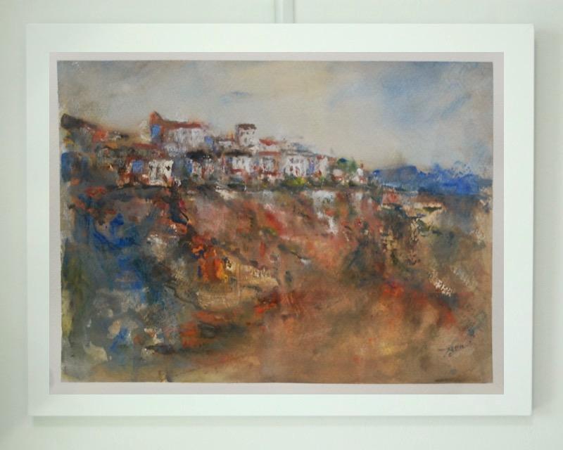 Spain Ronda landscape original watercolor painting art of the Spanish city cliff houses, dramatic scenery in impressionist warm orange hues