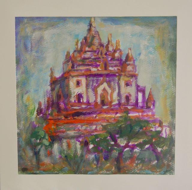 Myanmar Old Bagan majestic temple ruins, original expressionist acrylic painting in bold fauvist colors, plein air artwork