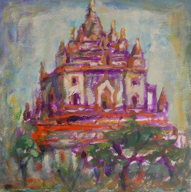 Myanmar Old Bagan majestic temple ruins, original expressionist acrylic painting in bold fauvist colors, plein air artwork
