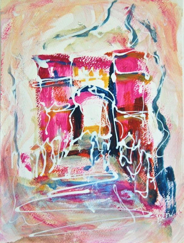 Whimsical Pink Abstract Fine Art Painting of Singapore Fort Canning Gate, Architectural Art, Pink, Original Acrylic Art, Plein Air, Icon